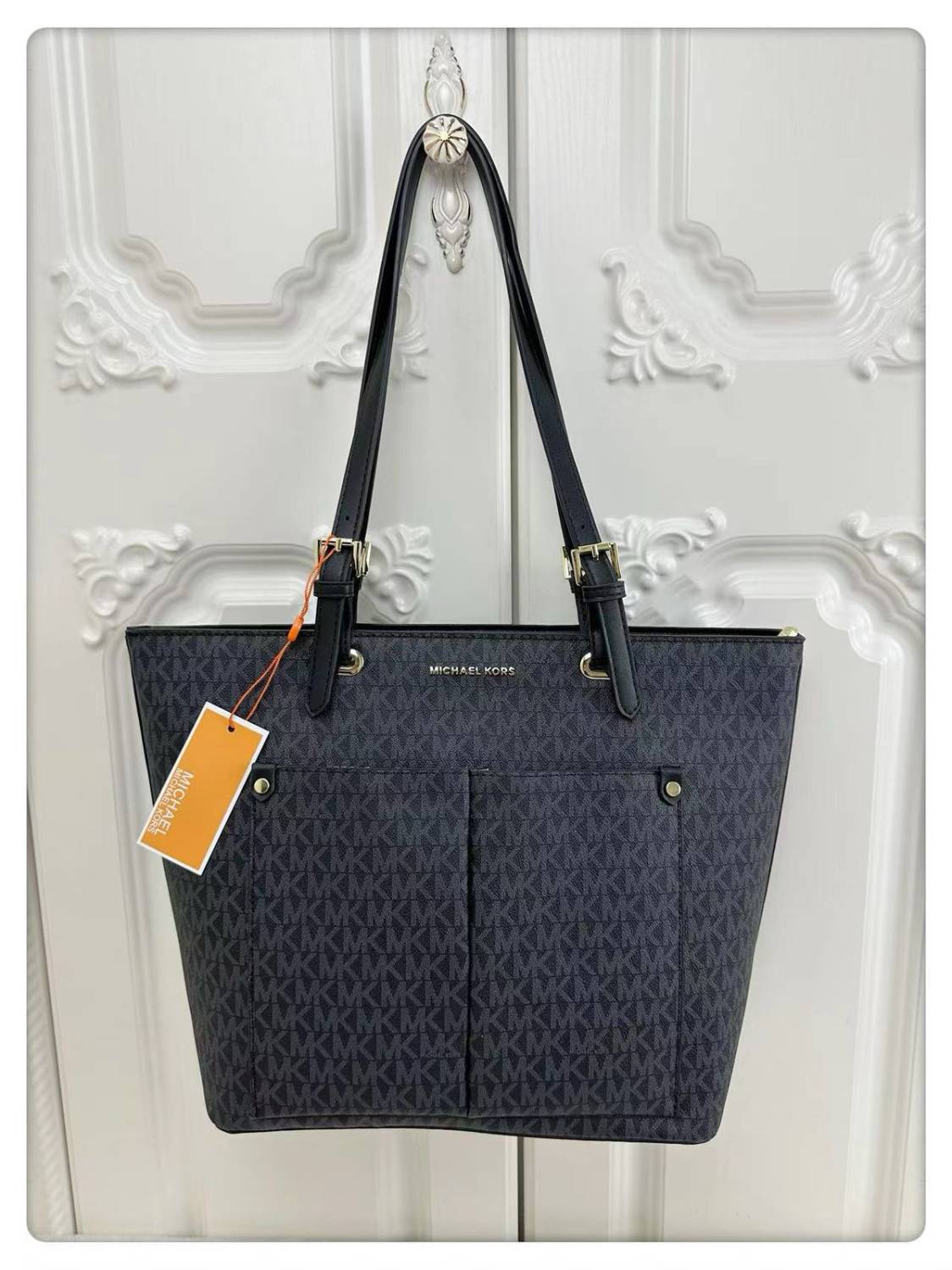 Michael Kors Jet Set Medium Logo Pocket Black Tote Bag-0