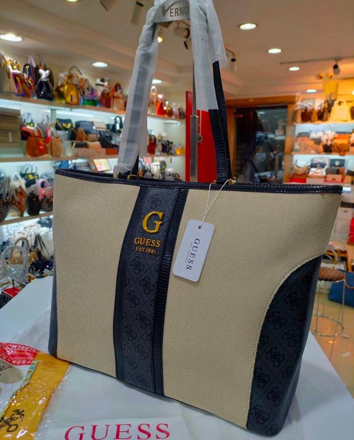 Guess Shopper Kerima White & Charcoal Tote Bag-0