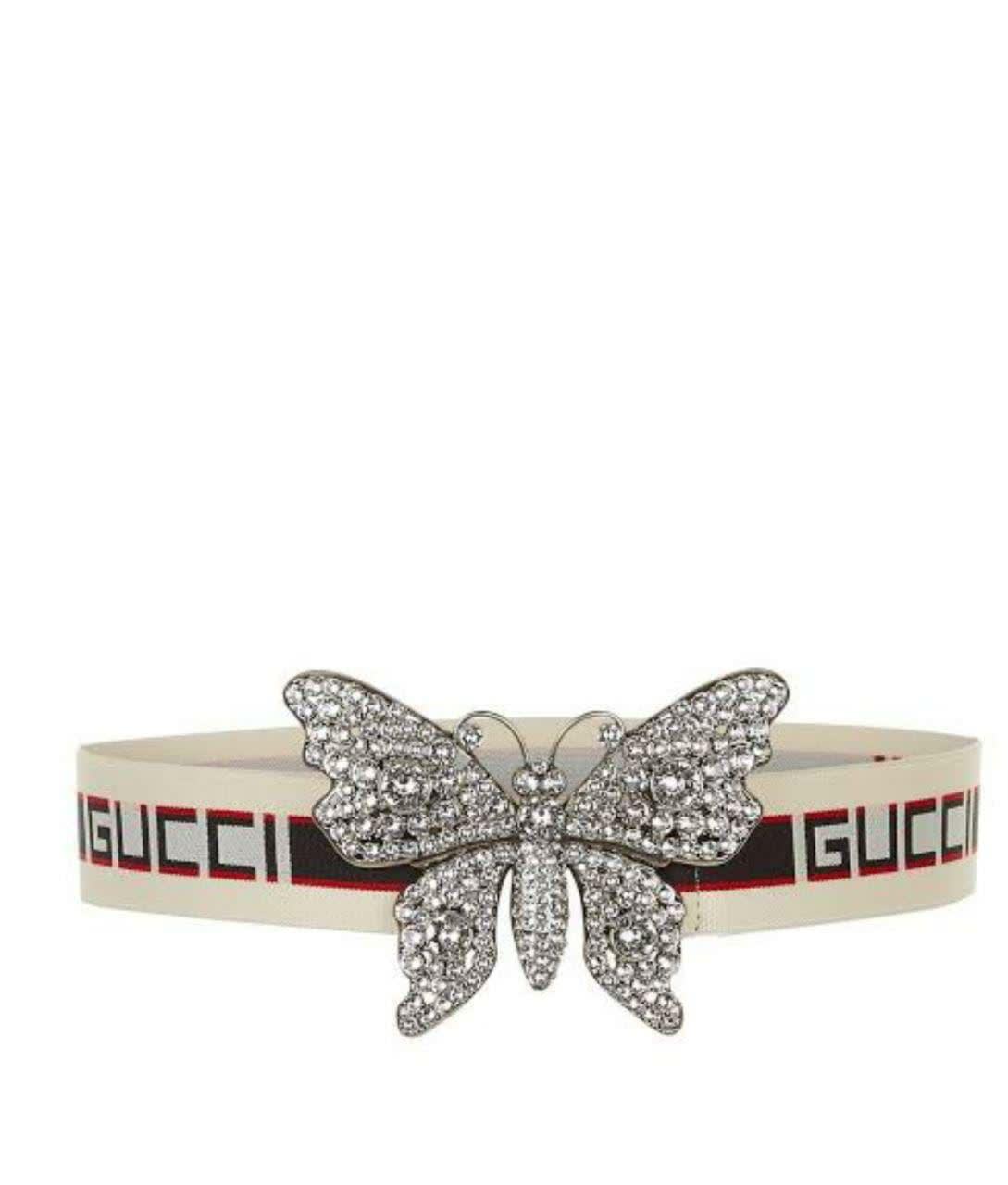 Gucci White Elastic Band Crystal Embellished Butterfly Buckle Belt-0