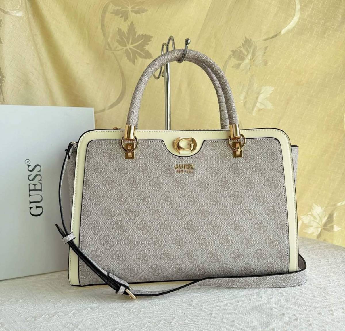 Guess Orlina Logo Society Satchel White Shoulder Bag-0