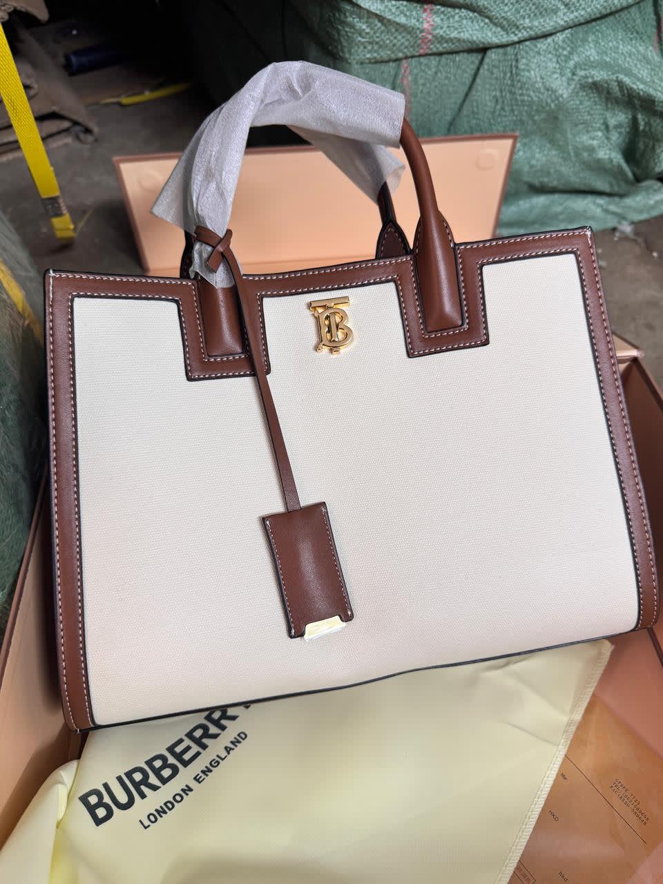 Burberry Mini Louise Logo Print White & Brown Crossbody Bag-0