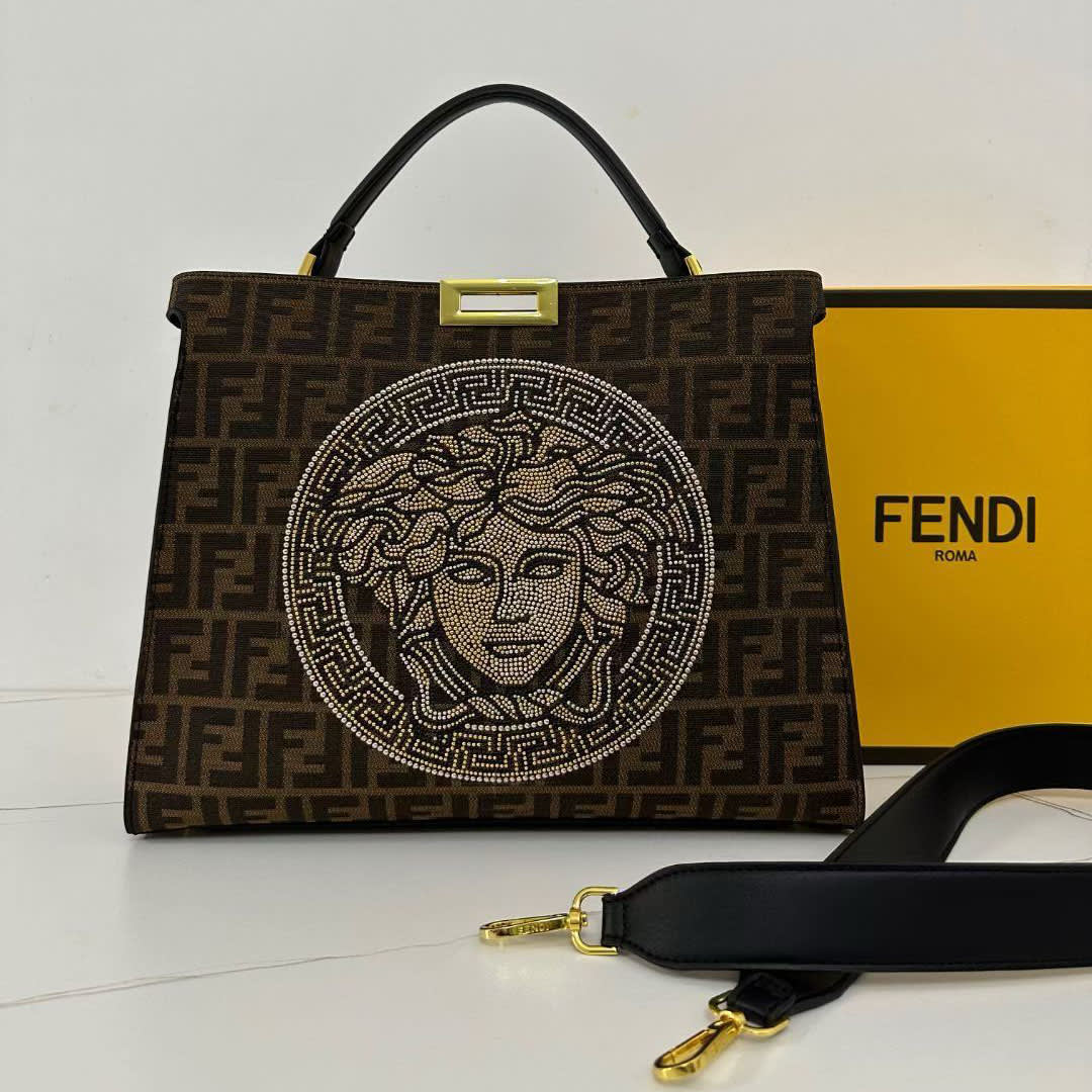Fendi  X Versace Studded Logo Peekaboo Tote Bag-0