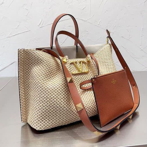 Valentino Garavani Medium Straw Summer Cream Tote Bag-0