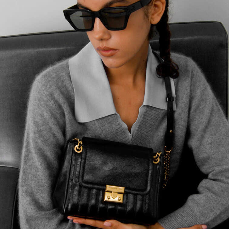 Charles & Keith Axel Faux Suede Black Bowling Bag-8