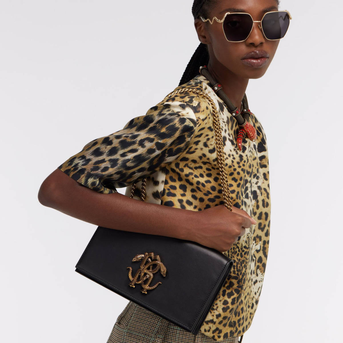 Roberto Cavalli Monogram Mirror Snake Black Shoulder Bag-4