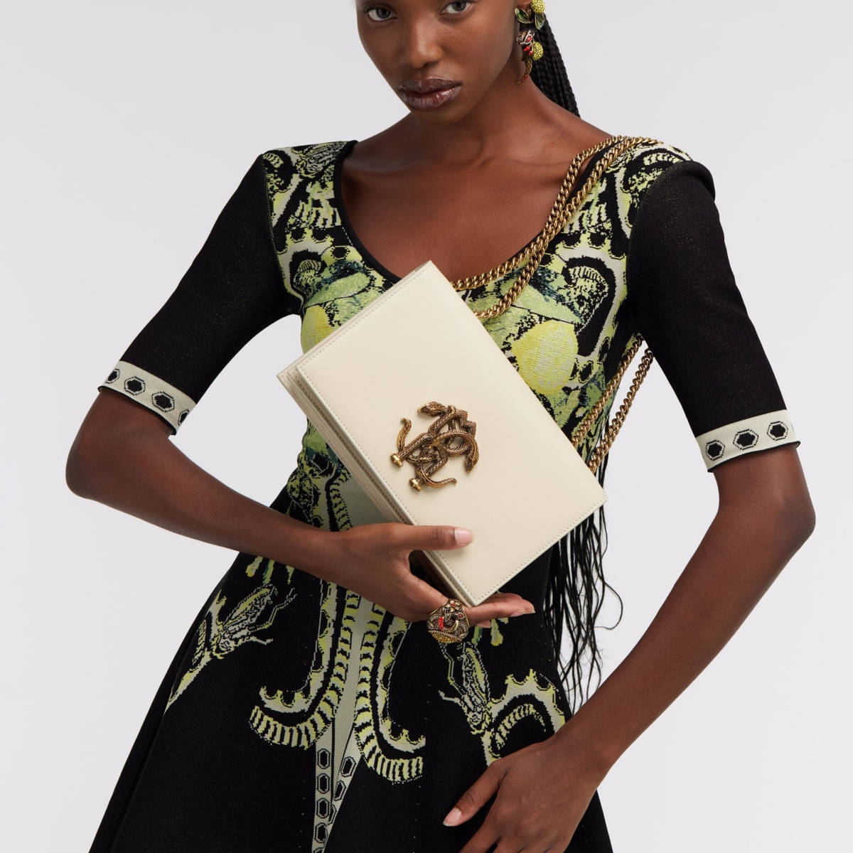 Roberto Cavalli Monogram Mirror Snake White Shoulder Bag-4