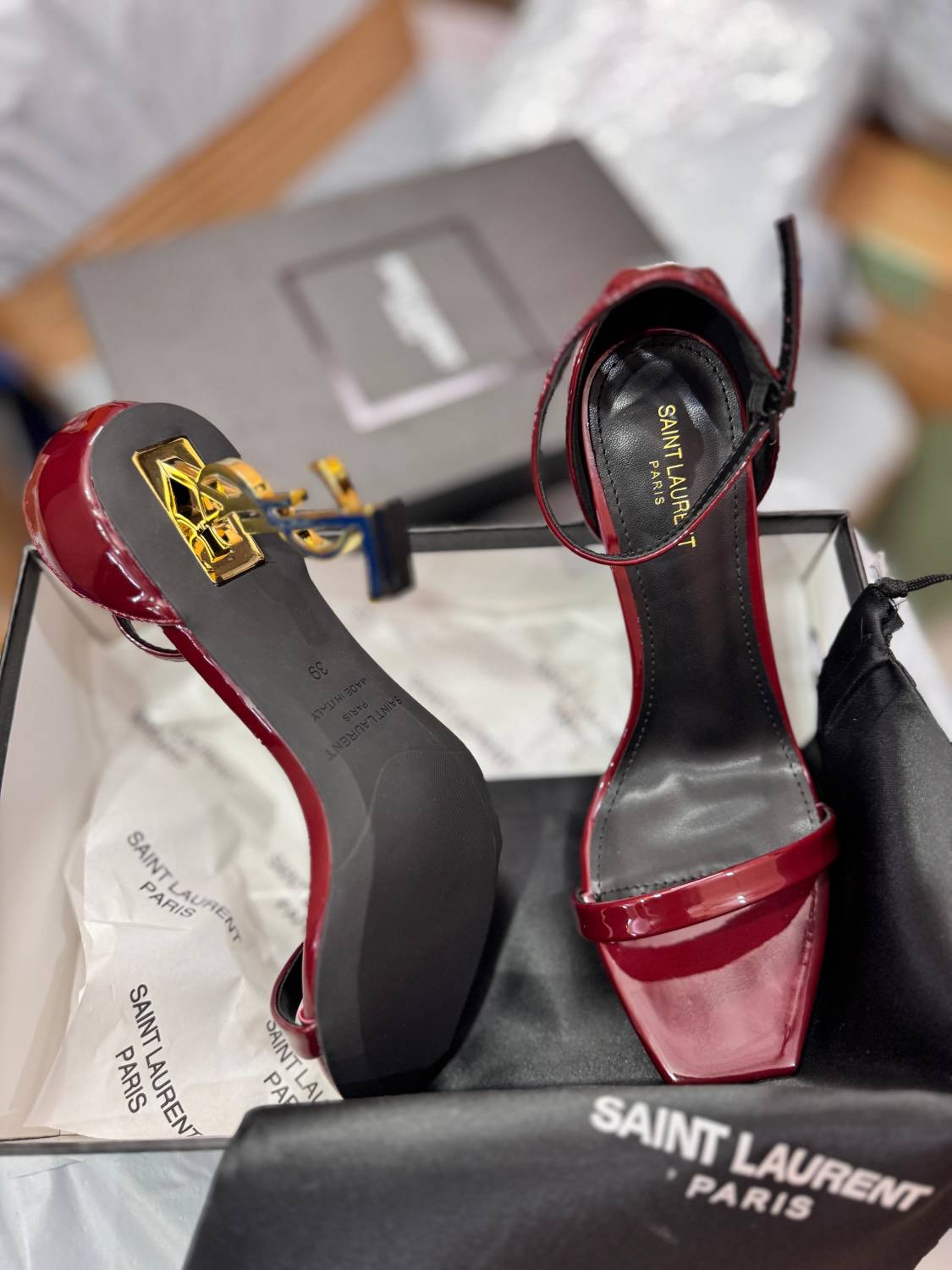 Saint Laurent Patent Wine Leather Heel Sandals-1