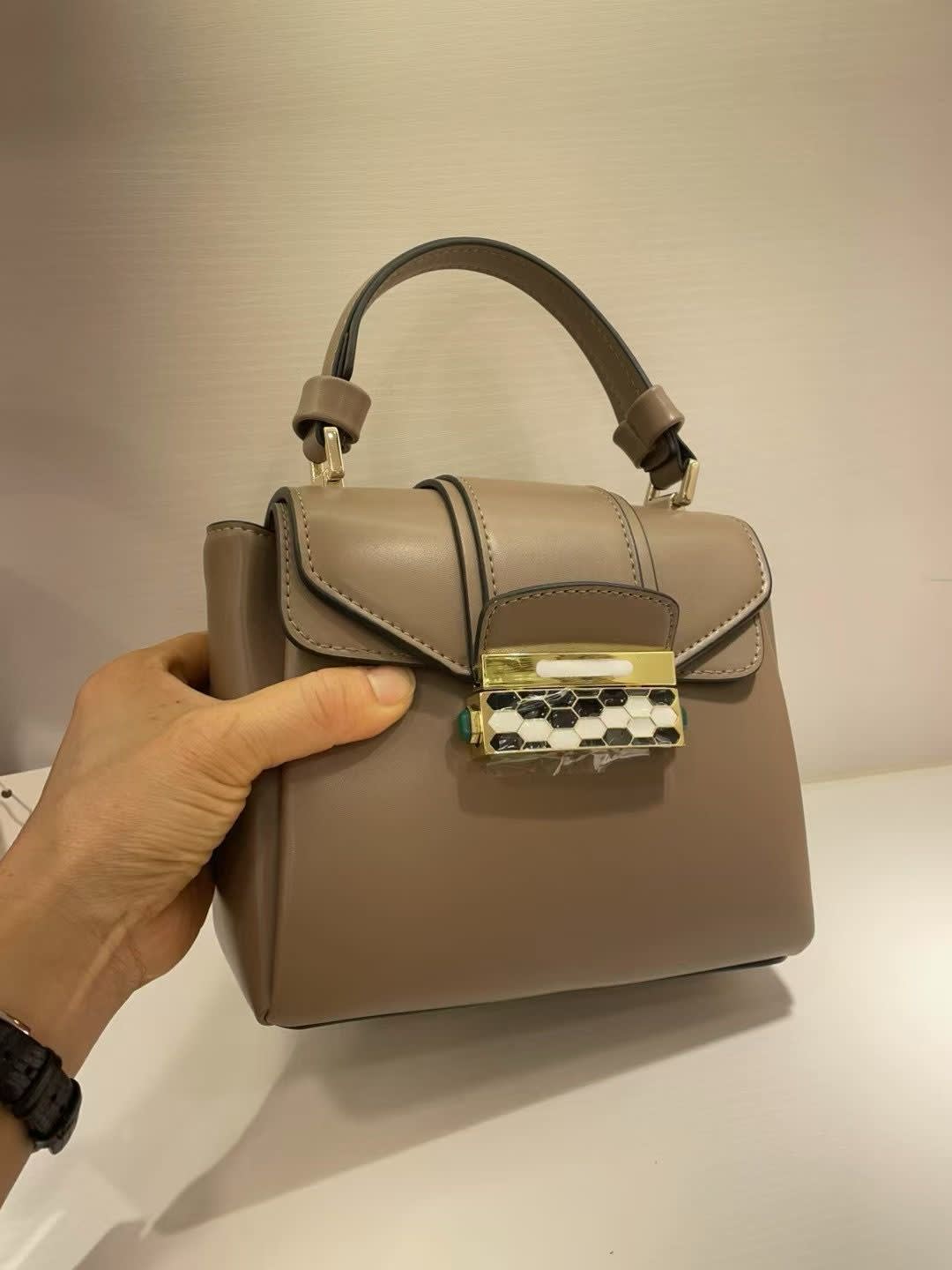 Bvlgari Serpenti Viper Top Handle Beige Leather Bag-0