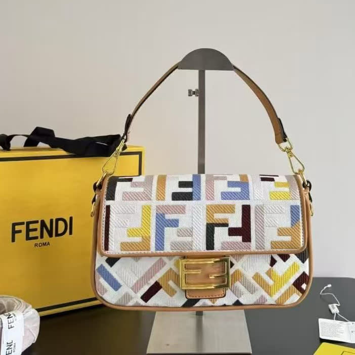 Fendi Baguette FF embroidery Multicolor Tan canvas bag-0