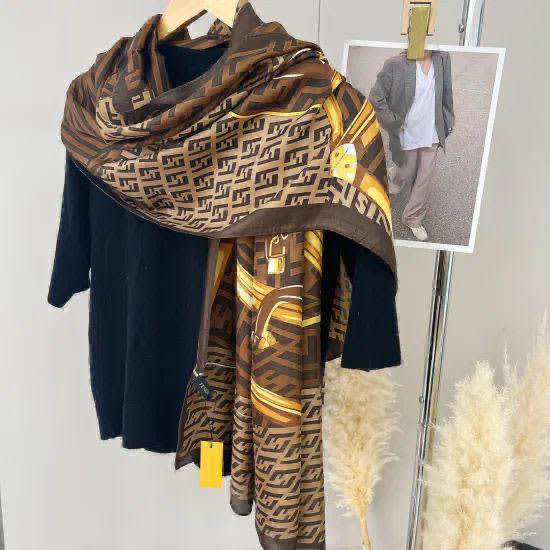 Fendi "FF" Designer Brown Silk Stole-5