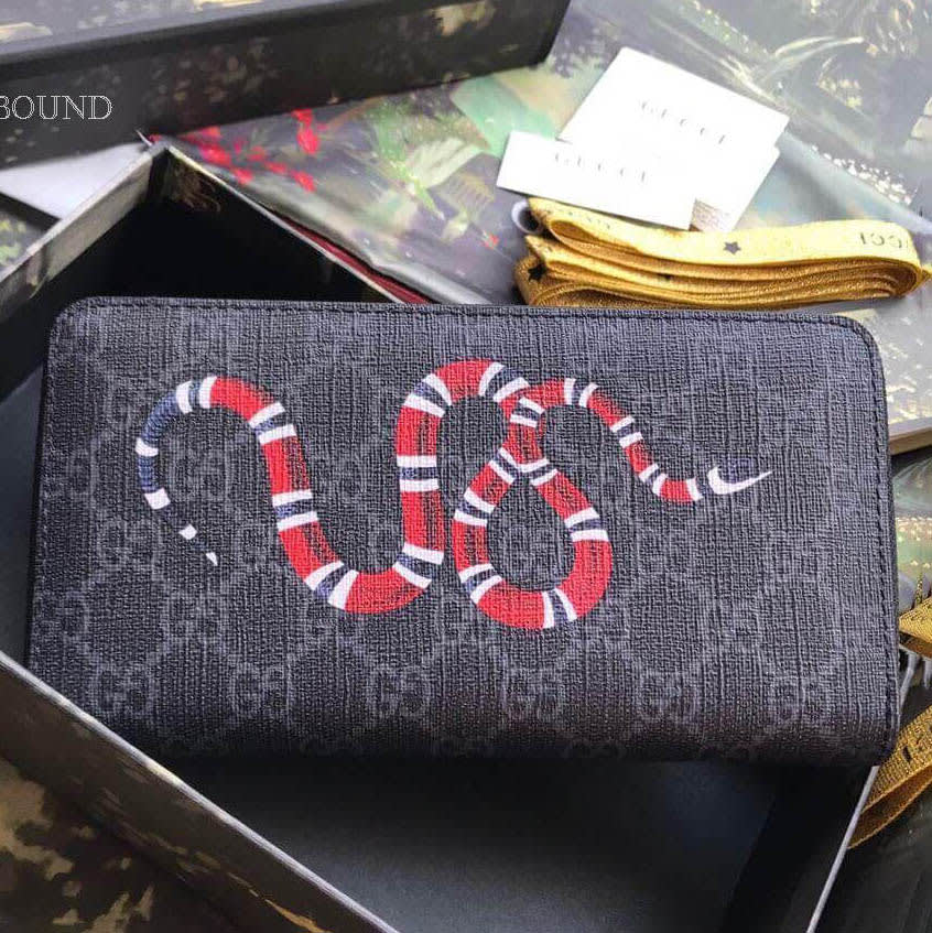 Gucci GG Supreme Monogram Kingsnake Zip Around Wallet Black Grey-1
