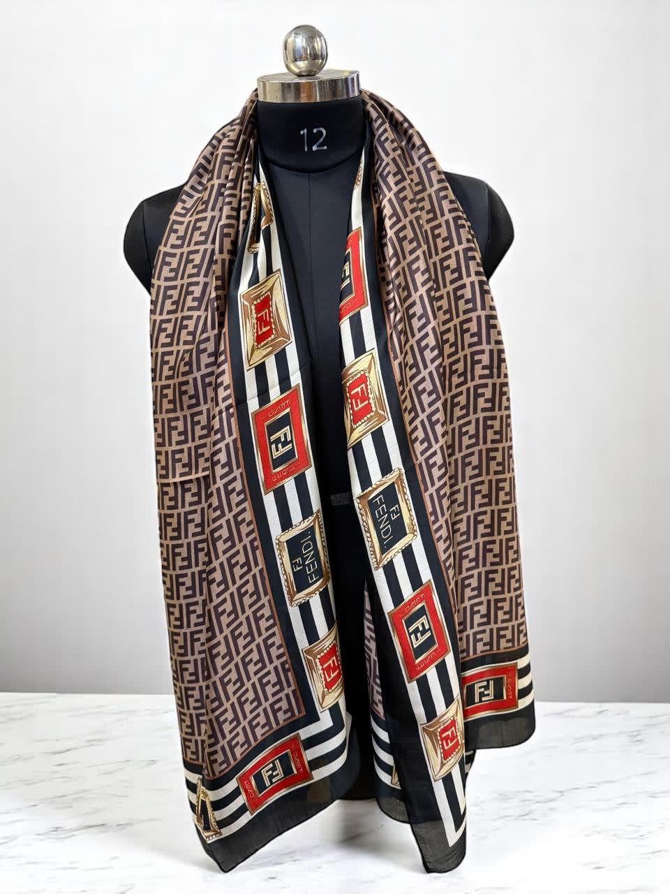 Fendi "FF" Designer Brown Silk Stole-1