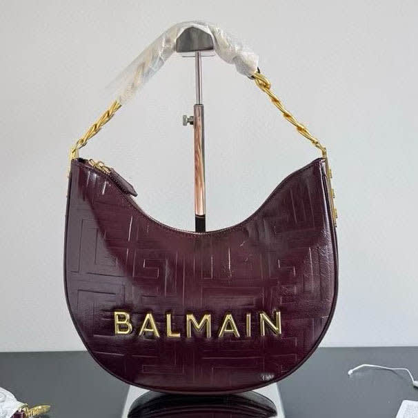 Balmain Embossed Moon Hobo Chain Wine Shoulder Bag-0