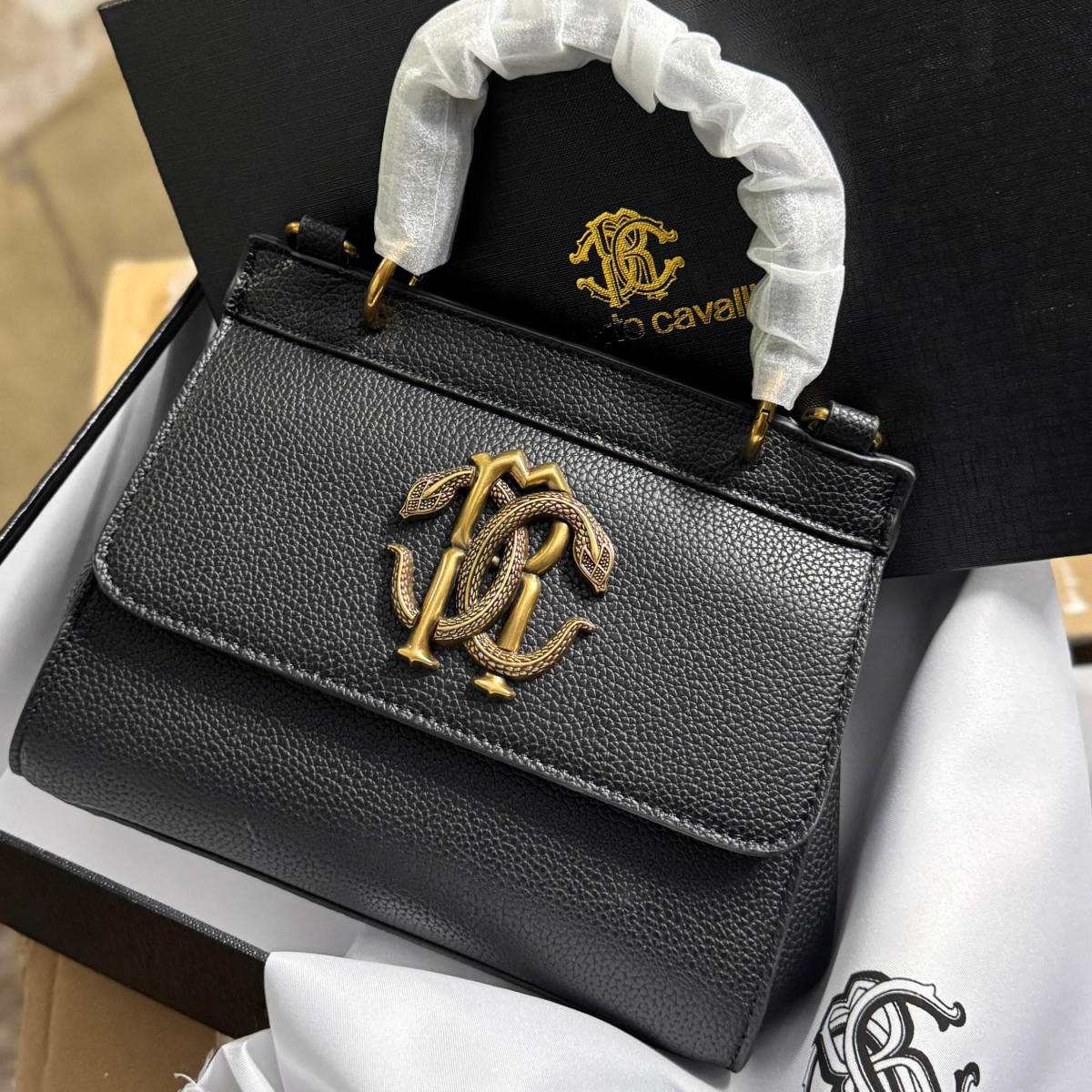 Roberto Cavalli Monogram Mirror Snake Black Shoulder Bag-0