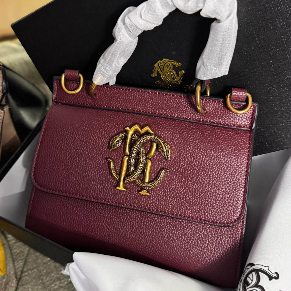 Roberto Cavalli Monogram Mirror Snake Wine Shoulder Bag-0