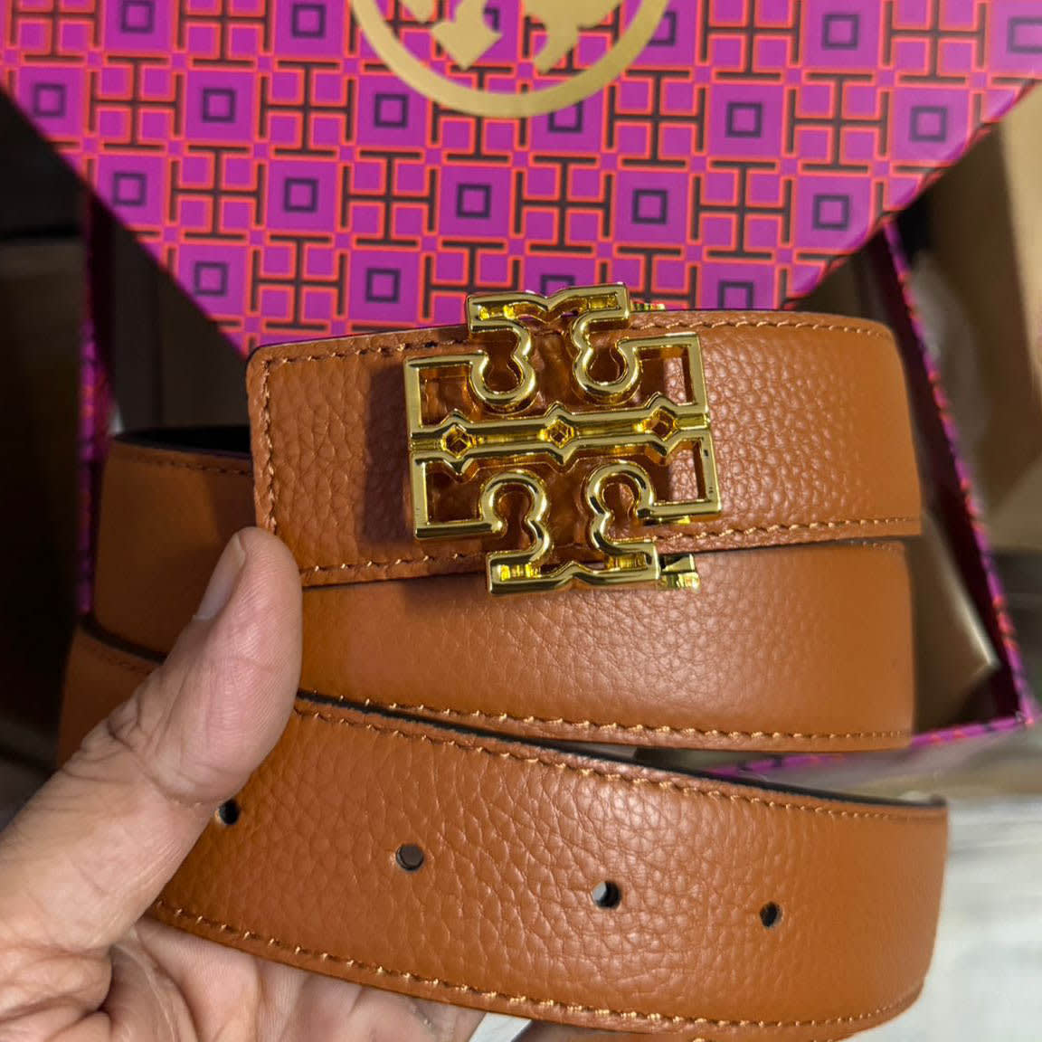 Tory Burch Brown & Golden Embellished Buckle Belt-0