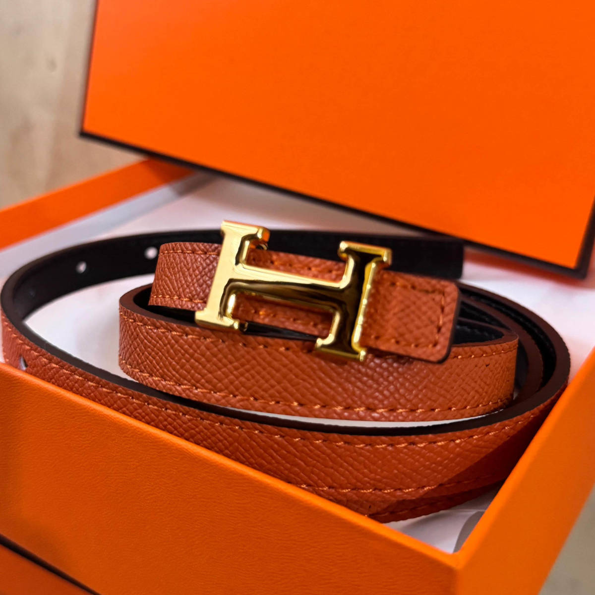 Hermes Orange Elastic Band Crystal Embellished Buckle Belt-0