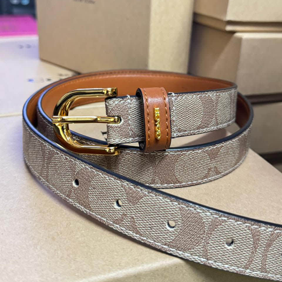 Coach Beige Elastic Band Crystal Embellished Buckle Belt-0