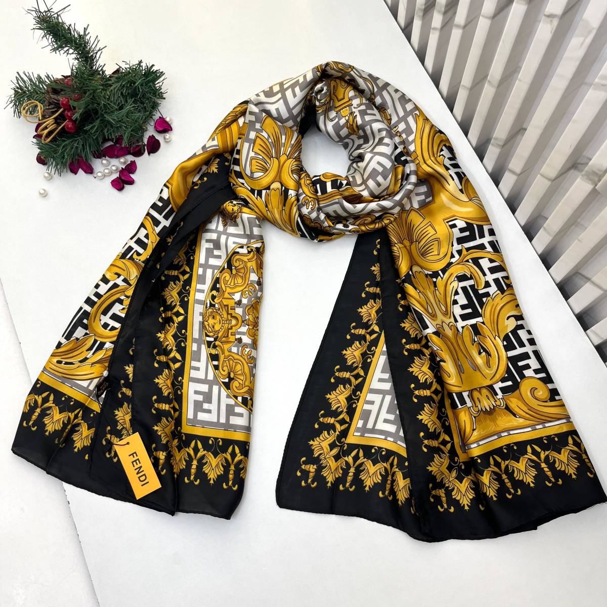 Fendi "FF" Designer Black & Golden Silk Stole-0