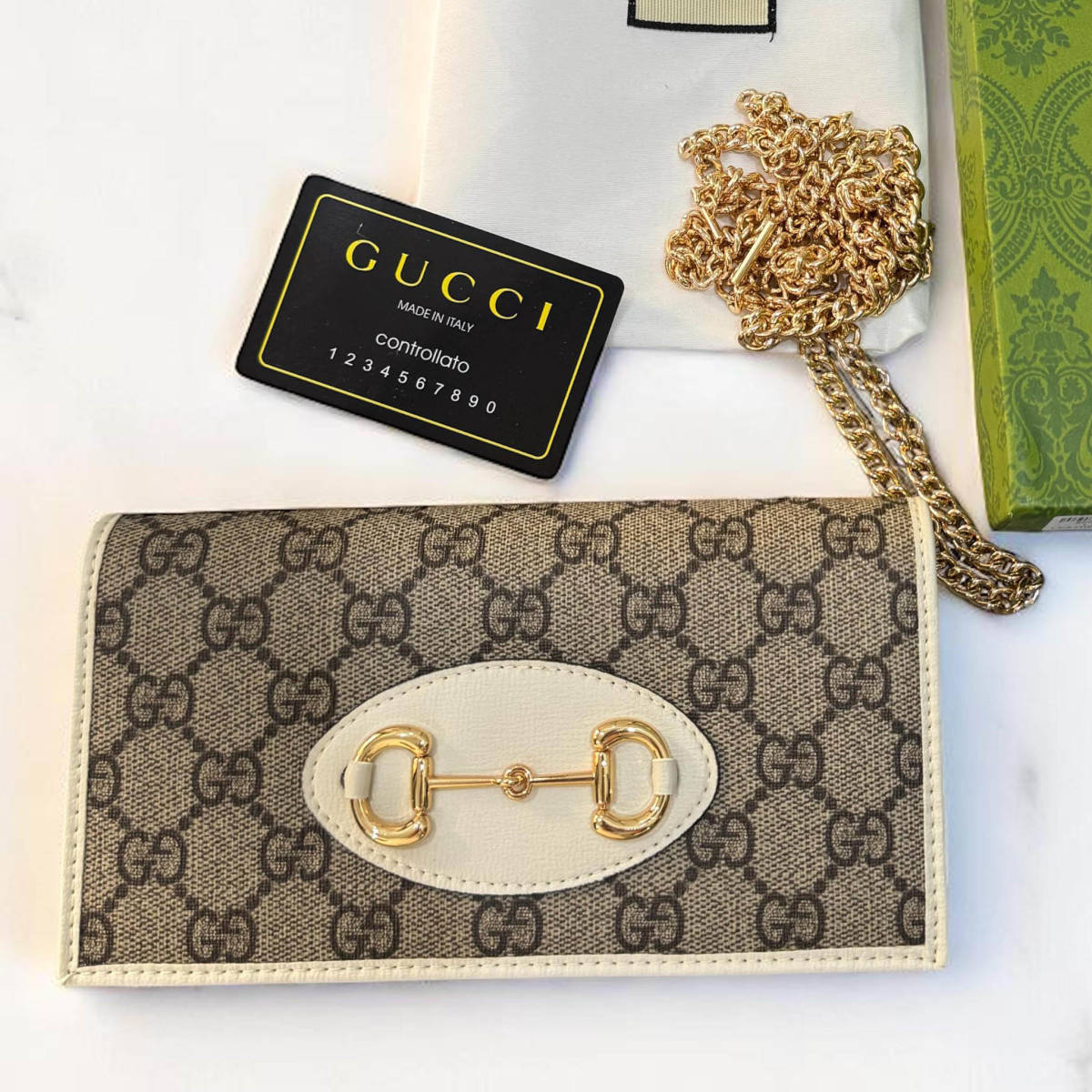 Gucci Beige & White GG Supreme Wallet-On-Chain Bag-1