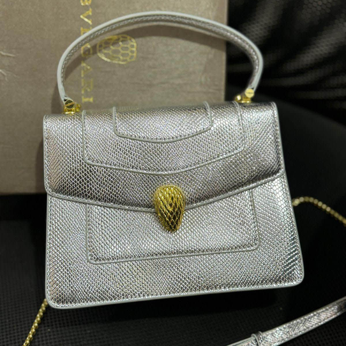 Bvlgari Serpenti Snake Top Silver Shoulder Bag-0