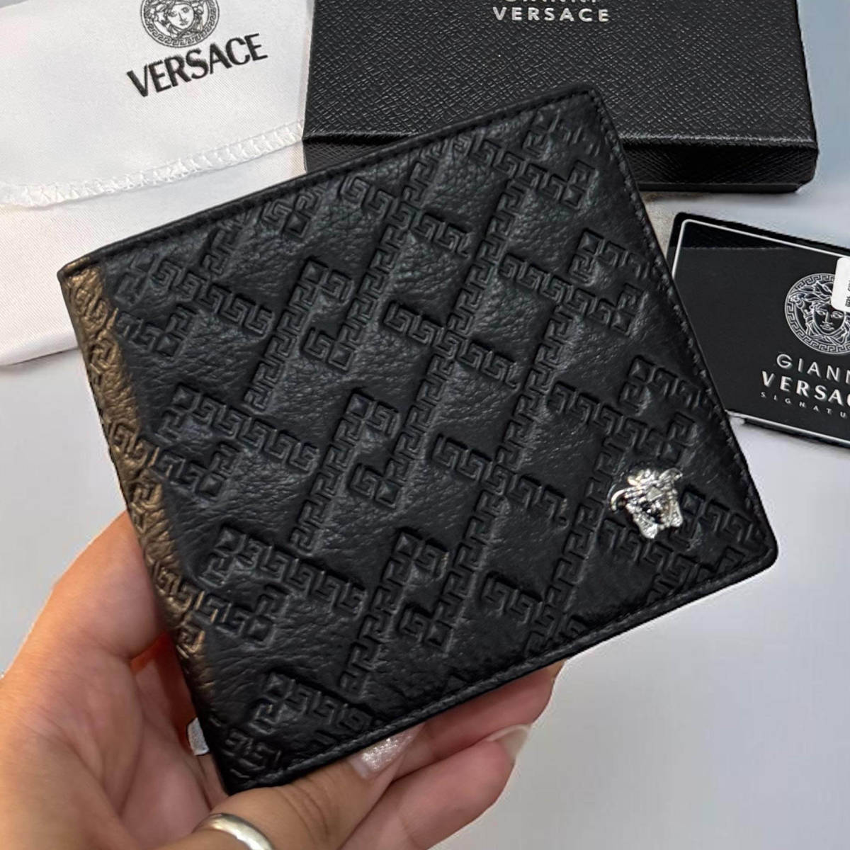 Versace Black Leather Compact Wallet-1