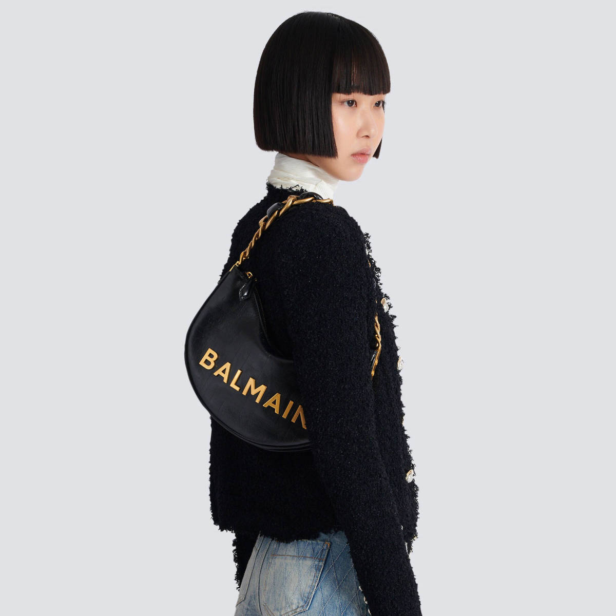 Balmain Embossed Moon Hobo Chain Black Shoulder Bag-4