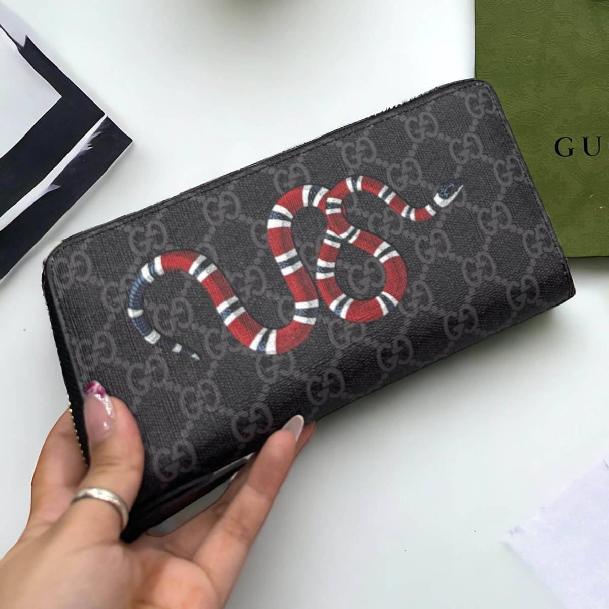 Gucci GG Supreme Monogram Snake Print Long Wallet-0
