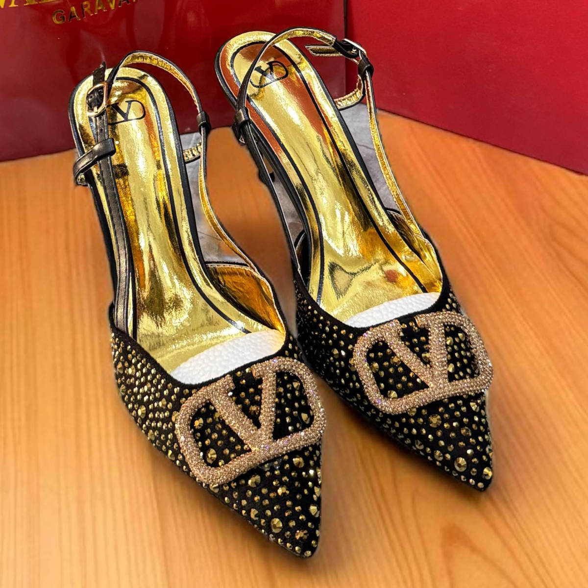 Valentino Black & Golden Premium Quality Heels Sandals-0