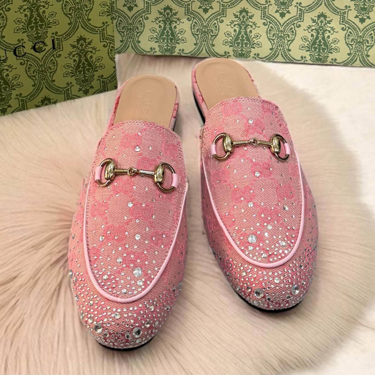 Gucci GG Women's Princetown Pink Flat Sandals with Crystal Horsebit-0