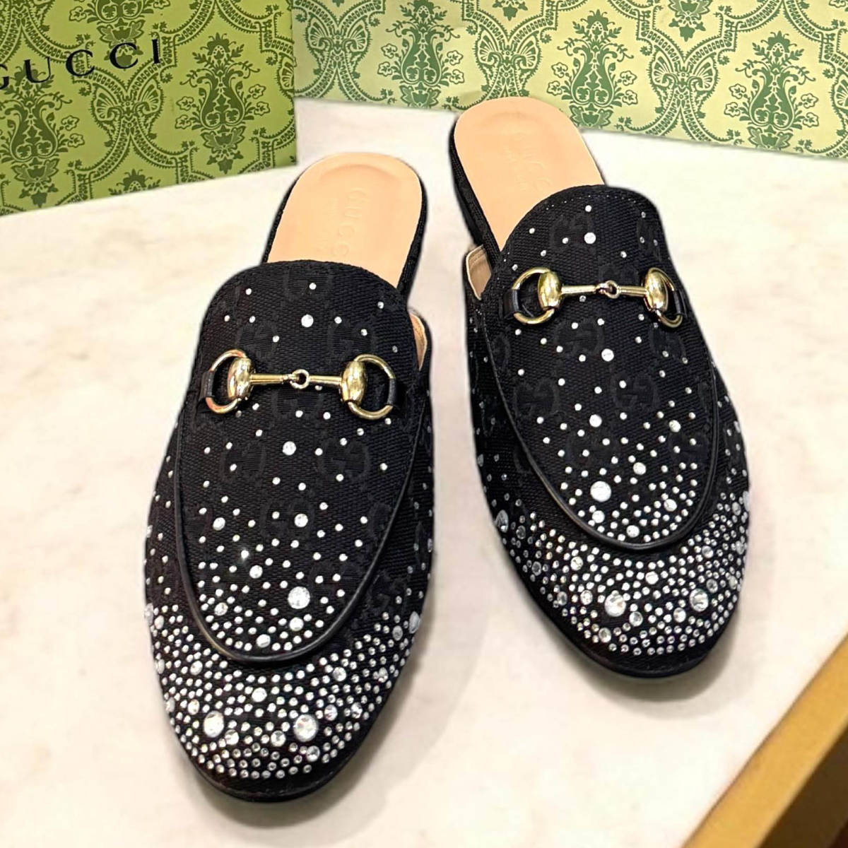 Gucci GG Women's Princetown Black Flat Sandals with Crystal Horsebit-0