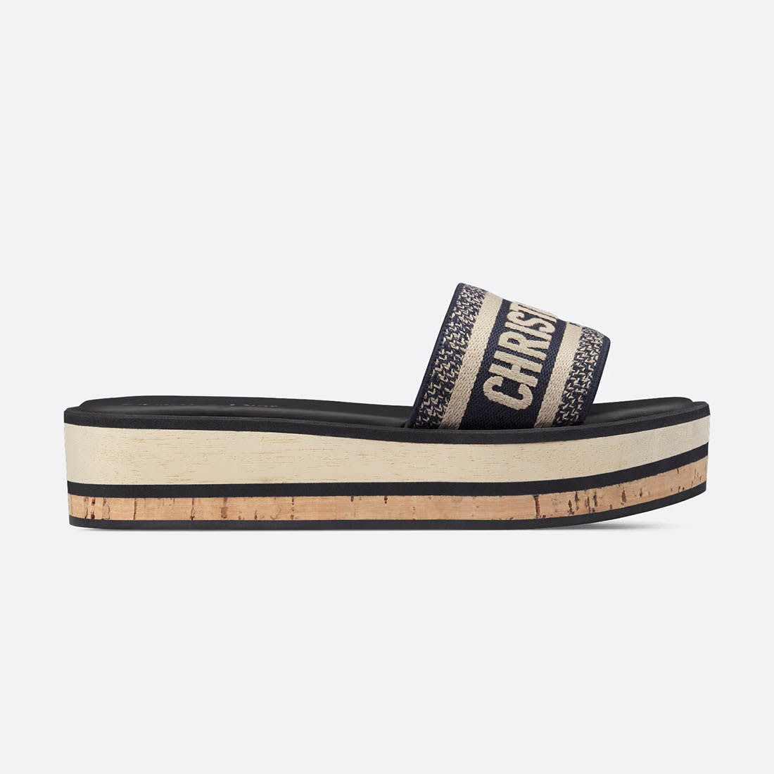 Dior Dway Platform Slide Deep Blue Embroidered Cotton Flat Sandals-0
