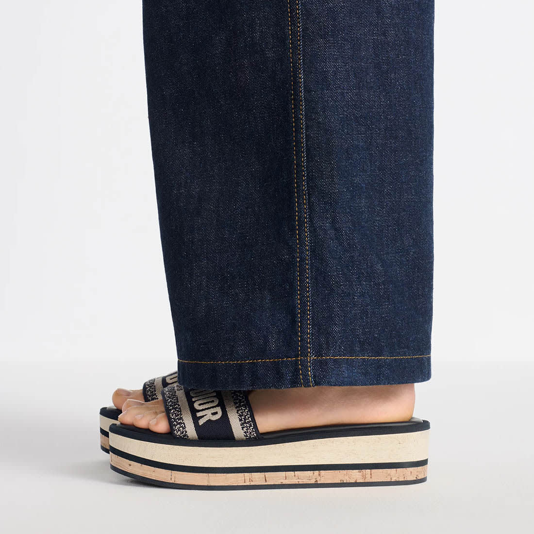 Dior Dway Platform Slide Deep Blue Embroidered Cotton Flat Sandals-6