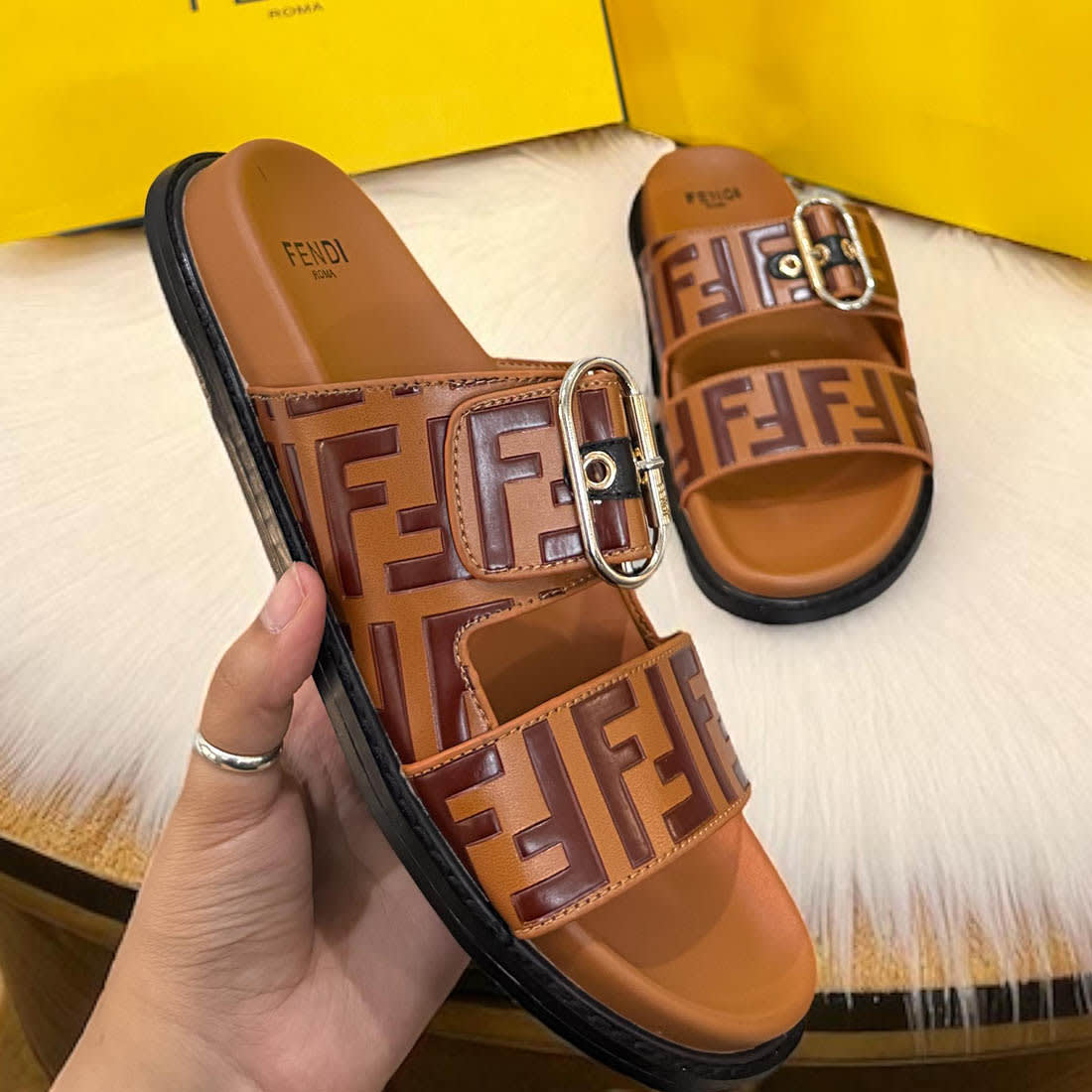 Fendi Feel FF Jacquard Brown Buckle Flat Sandals-4