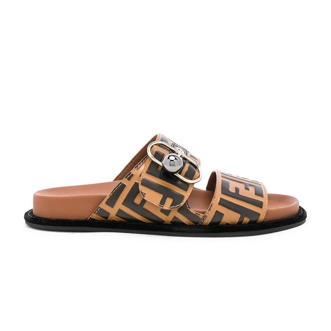 Fendi Feel FF Jacquard Brown Buckle Flat Sandals-1