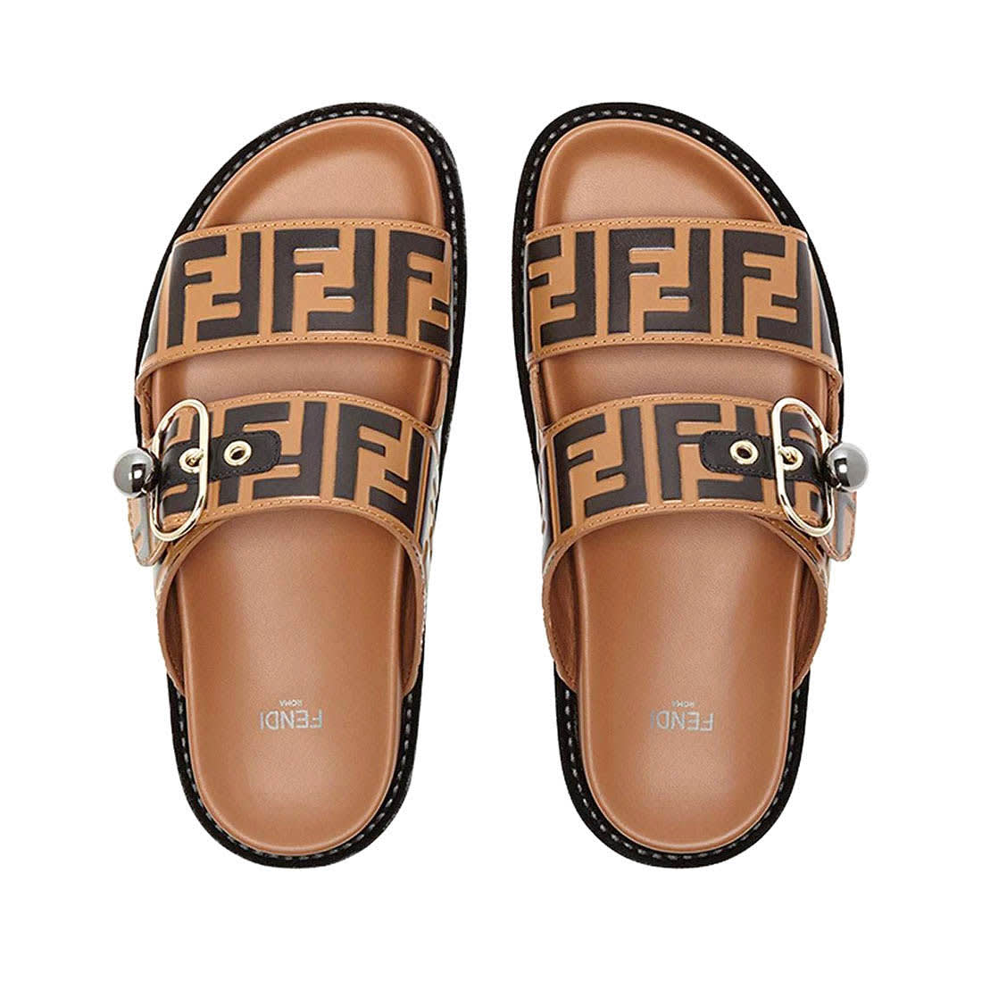 Fendi Feel FF Jacquard Brown Buckle Flat Sandals-0