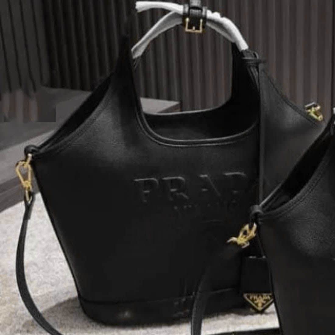 Prada Embossed Logo Black Bucket Bag-0
