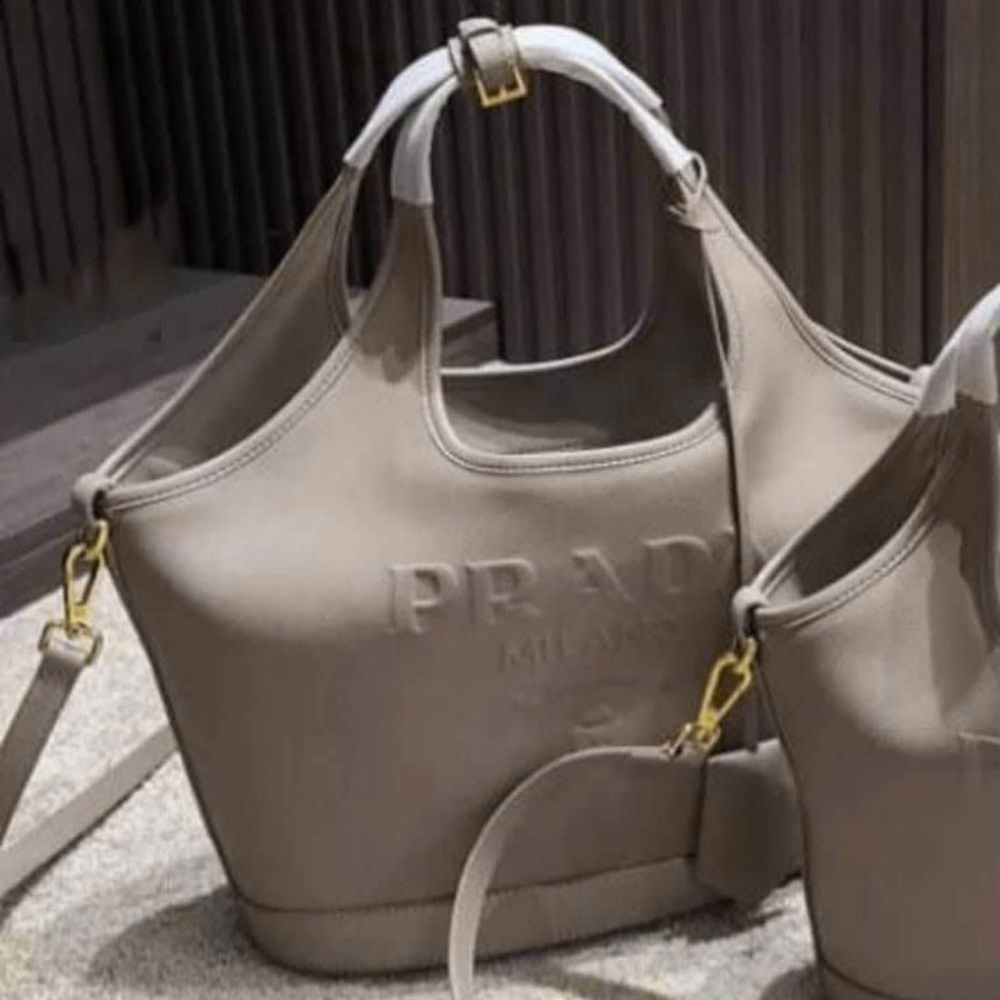 Prada Embossed Logo Beige Bucket Bag-0