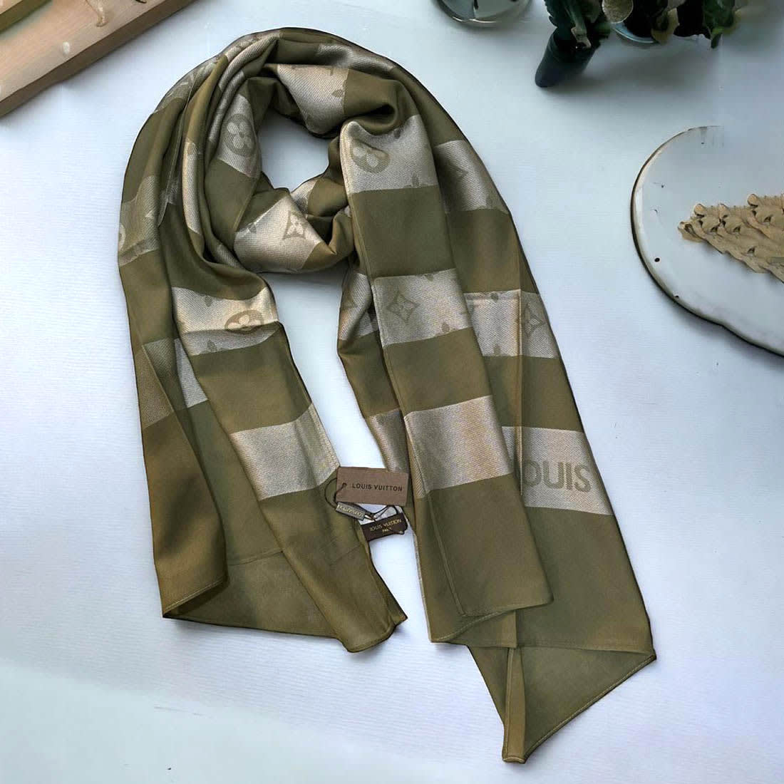 Louis Vuitton Designer Beige Cotton Silk Stole-0