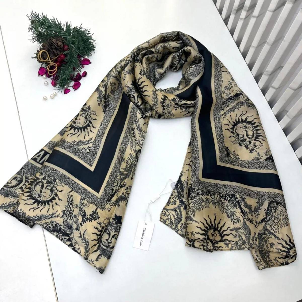 Dior Premium Quality Black & Cream Silk Stole-0