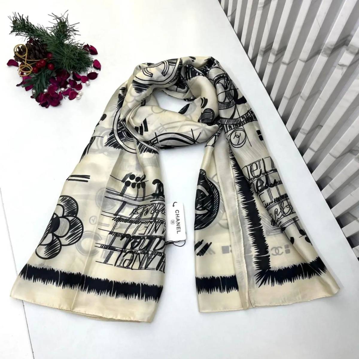 Chanel Designer White Silk Stole-0