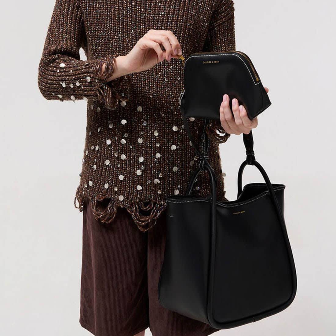 Charles & Keith Lyla Tubular Small Black Tote Bag-2