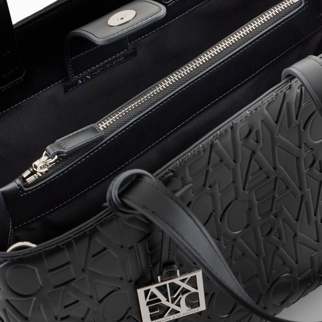 Armani Exchange Glossy Black Embossed Logo Tote Bag-1