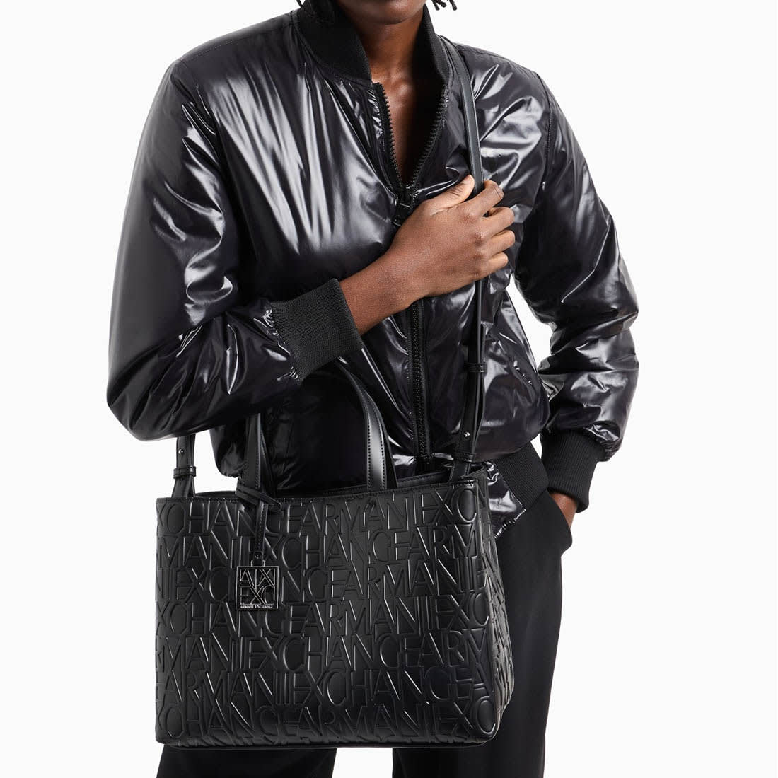 Armani Exchange Glossy Black Embossed Logo Tote Bag-5