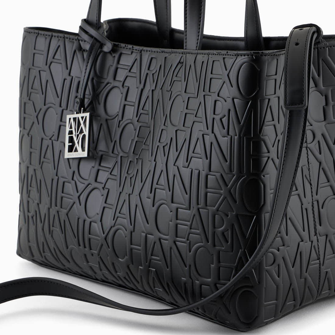 Armani Exchange Glossy Black Embossed Logo Tote Bag-4