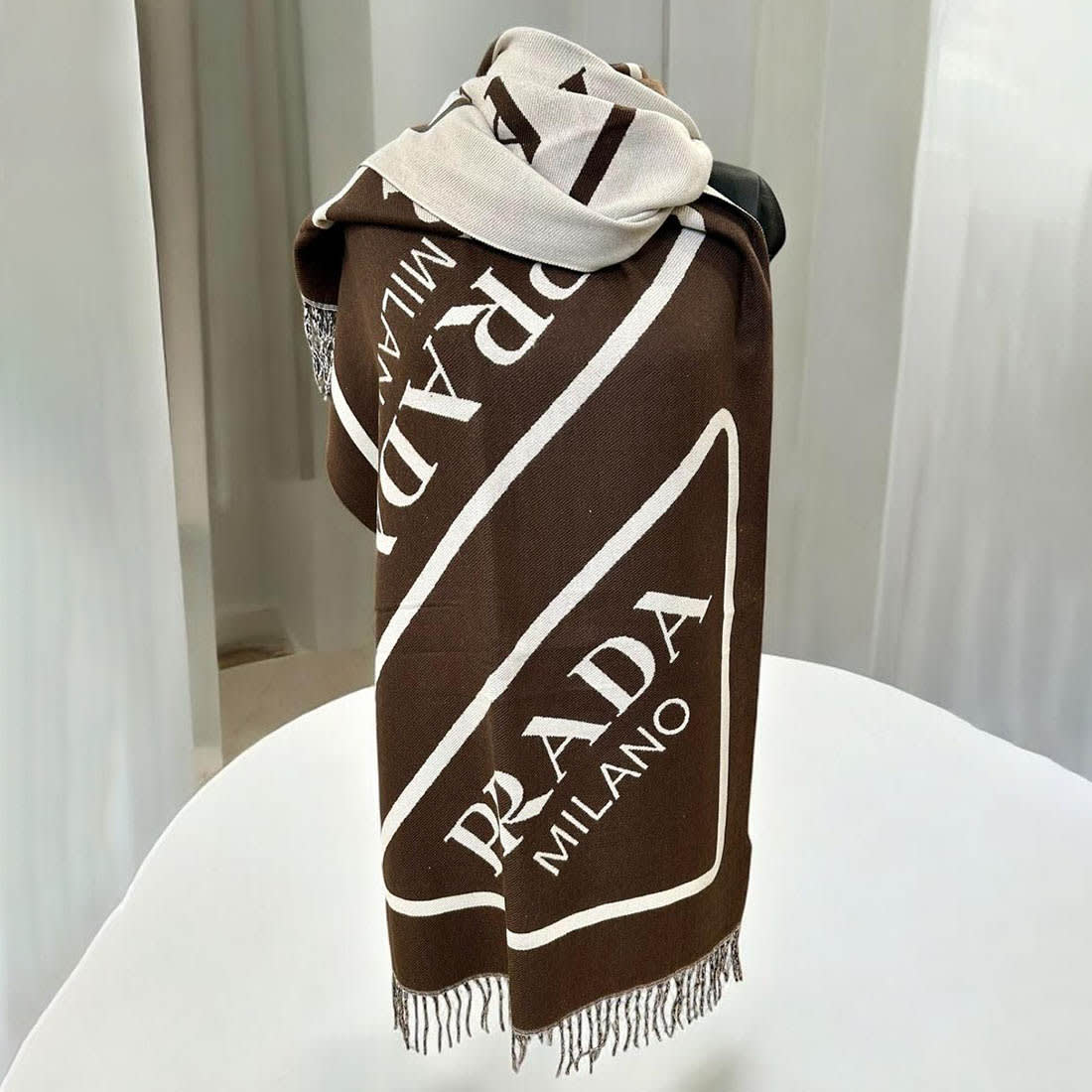 Prada Milano Symbole Reversible Dark Brown Wool-Cashmere Scarf-2