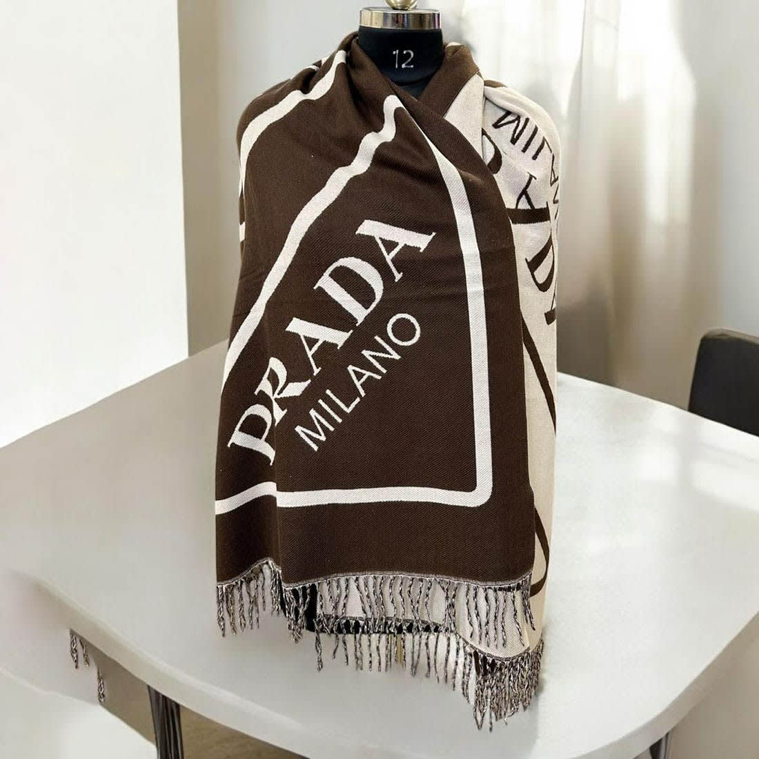 Prada Milano Symbole Reversible Dark Brown Wool-Cashmere Scarf-1