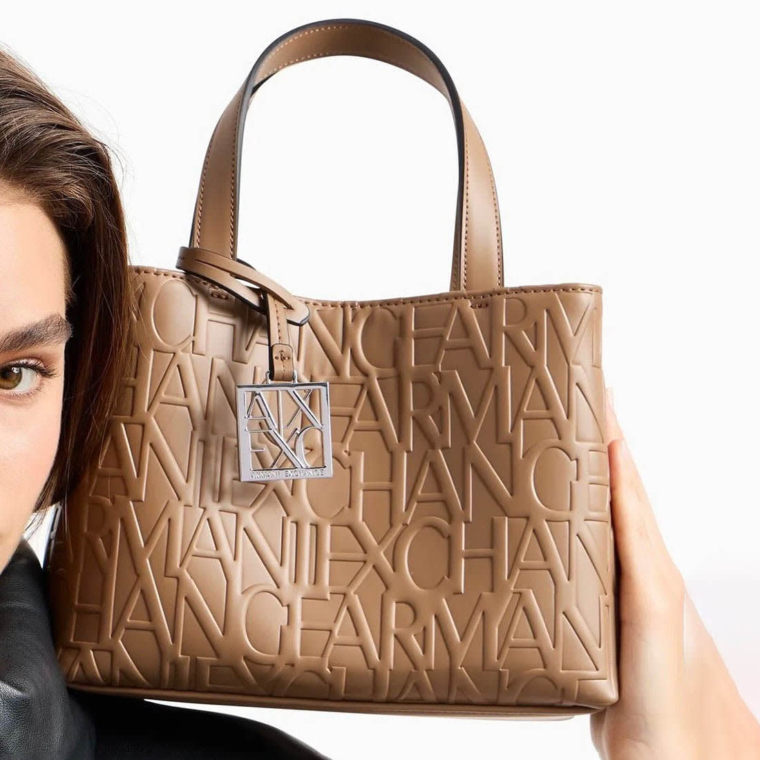 Armani Exchange Glossy Embossed Logo Beige Tote Bag-5