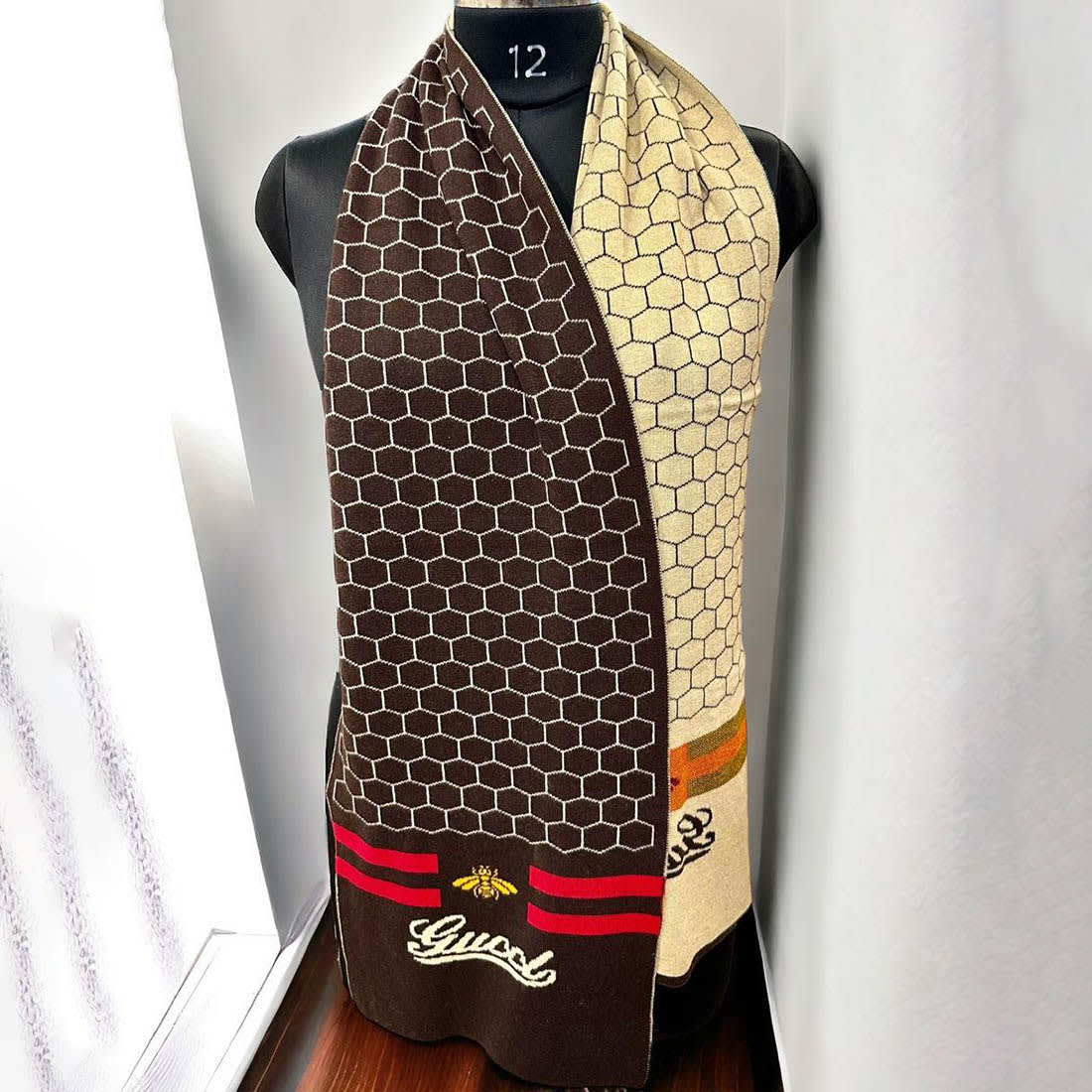 Gucci Bee Honeycomb Pattern Brown Woolen Muffler-0