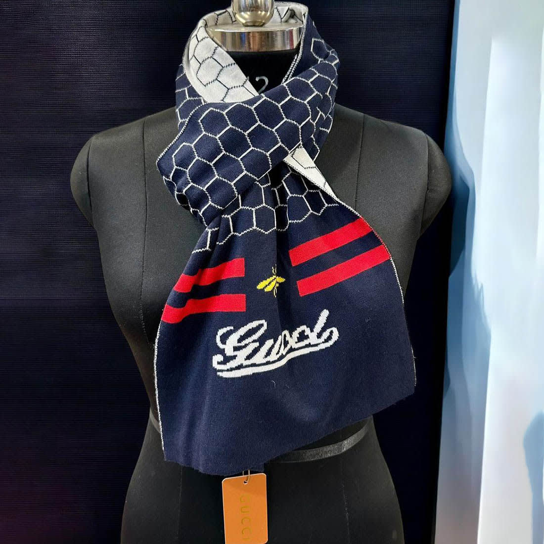 Gucci Bee Honeycomb Pattern Blue Woolen Muffler-1